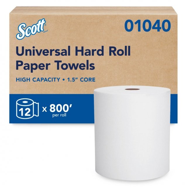 Scott Universal Hard Roll Paper Towels 01040: case (12 rolls x 800 ft, 1.5 in core) with a white roll in front (manufacturer main image)