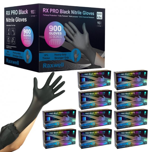 Raxwell RX PRO black nitrile gloves, 4.5 mil: 900-glove case with ten 90-count dispenser boxes and a black glove (manufacturer image)