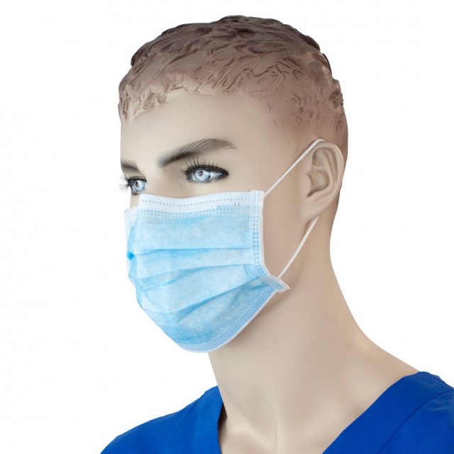 Dynarex 2201 blue procedure face mask with ear loops, worn on a mannequin head (Dynarex product image)