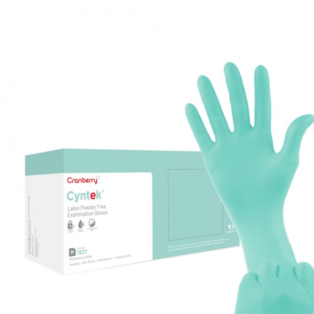 Cranberry Cyntek latex exam gloves box held in gloved hands (manufacturer render)