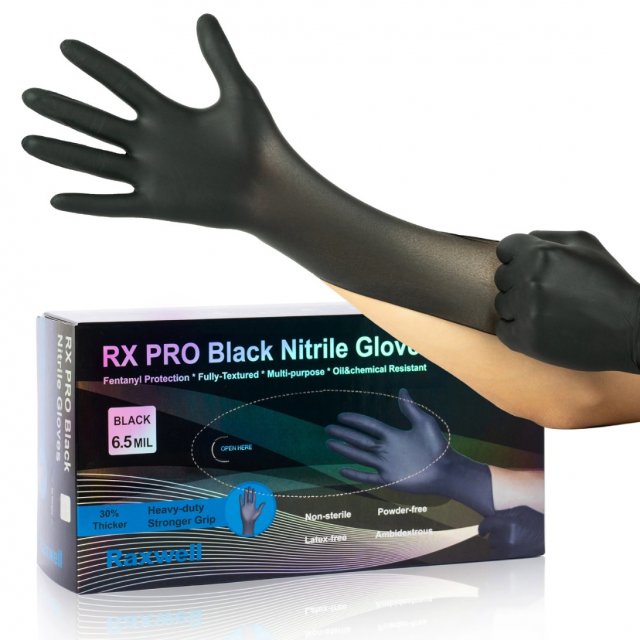 Raxwell RX PRO black nitrile gloves, 6.5 mil: dispenser box with a black glove (manufacturer gallery image)
