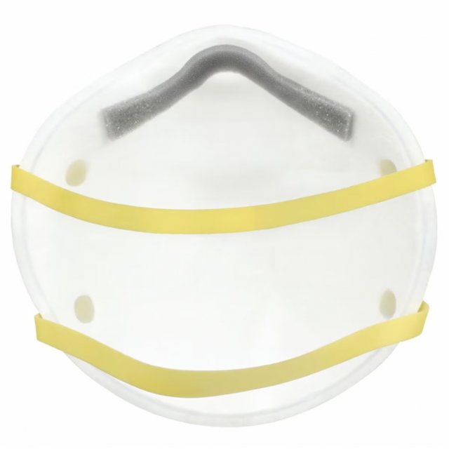 3M 8210 N95 particulate respirator, inside view with nose foam and yellow straps, on white (3M product photo)