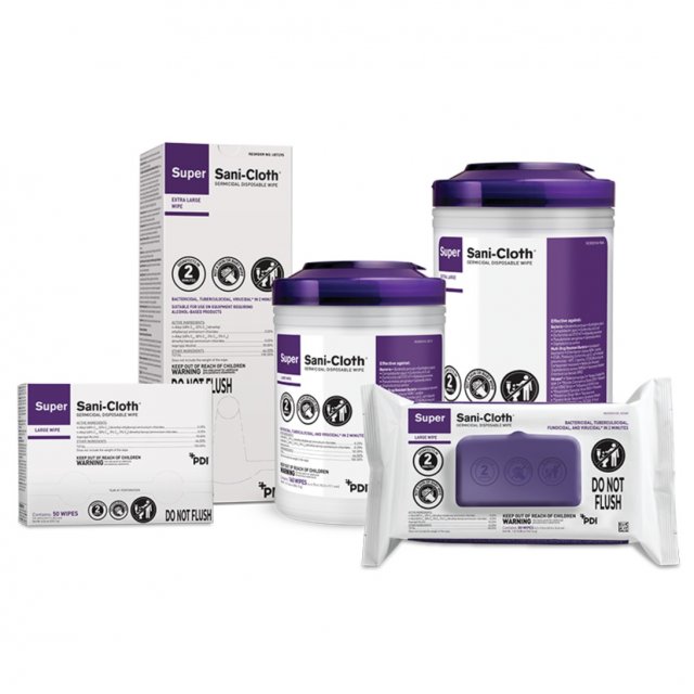 PDI Super Sani-Cloth product family: two canisters, a soft pack, a box of individual wipes and an extra-large wipe carton, on white