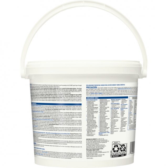 Clorox Healthcare Bleach Germicidal Wipes bucket, back label with directions and organism table