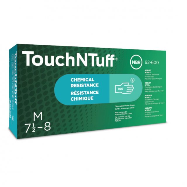 Ansell TouchNTuff 92-600 nitrile gloves box, size M (7.5-8), 100 count (manufacturer image)