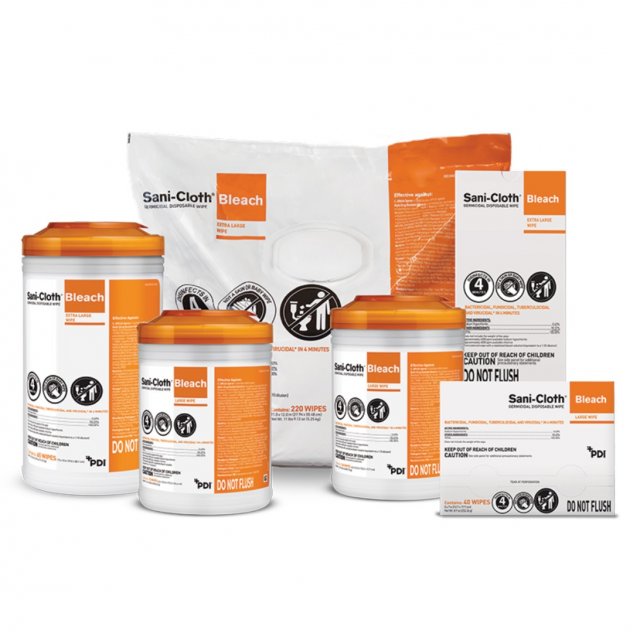 PDI Sani-Cloth Bleach product family: three canisters, a 220-wipe bulk pack and two cartons, on white