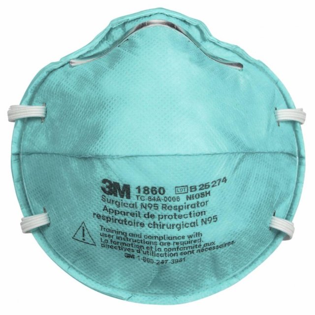 3M 1860 N95 health care particulate respirator and surgical mask, front view on white (3M product photo)