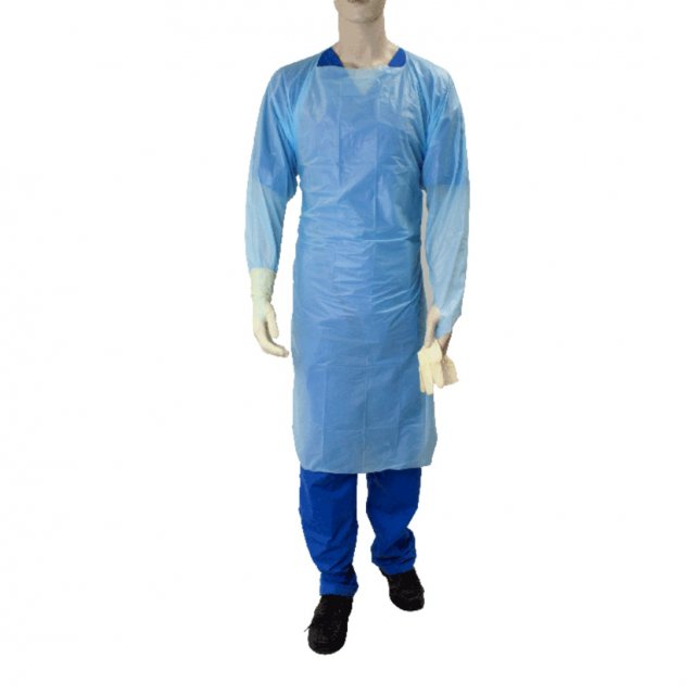 Dynarex 2140 blue CPE thumb-loop isolation gown worn on a mannequin (Dynarex product image)