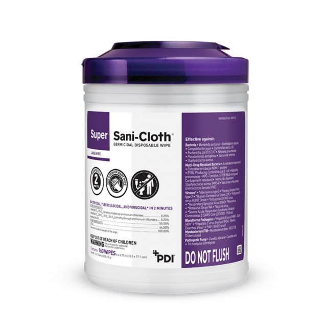 PDI Super Sani-Cloth Germicidal Disposable Wipe large canister, 160 wipes (item Q55172), on white