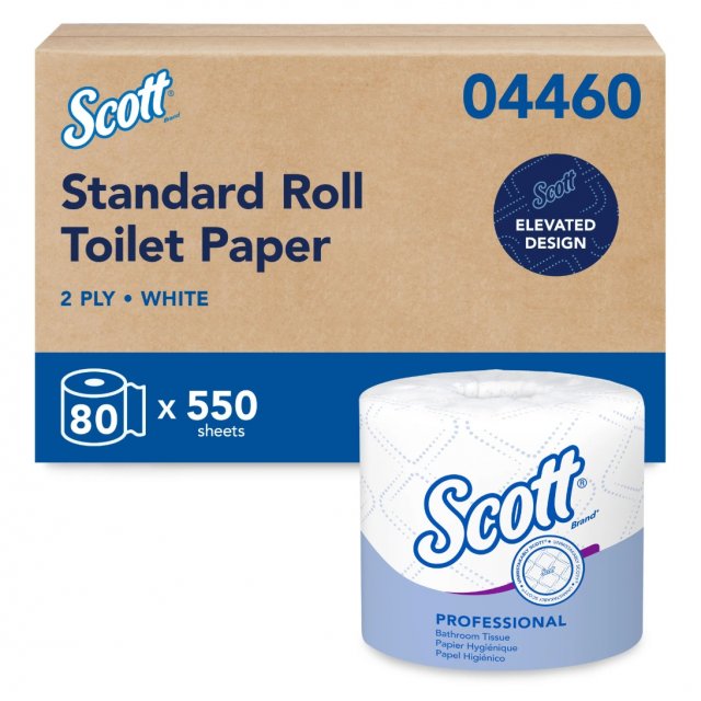 Scott Standard Roll Toilet Paper 04460: case (2-ply white, 80 rolls x 550 sheets) with a wrapped Scott Professional roll in front (manufacturer main image)