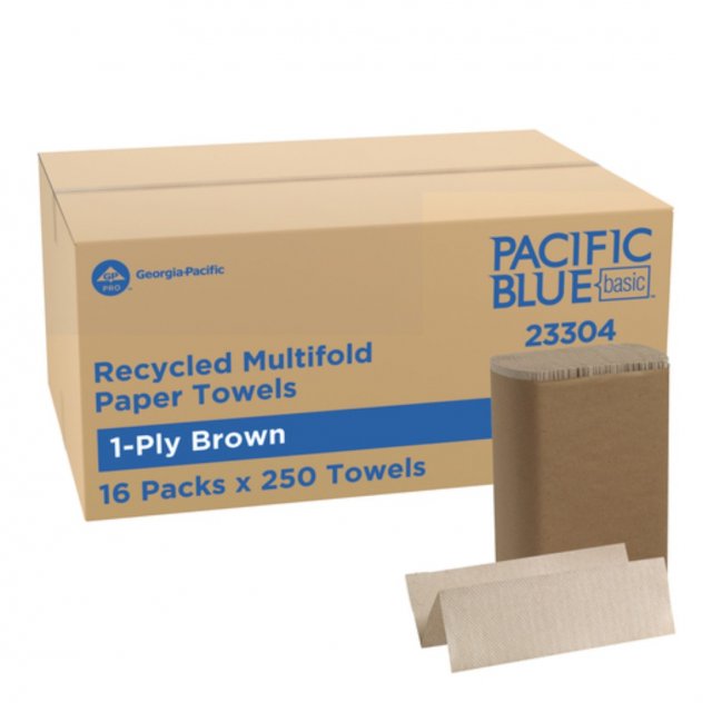 Pacific Blue Basic recycled multifold paper towels 23304: case (1-ply brown, 16 packs x 250 towels) with a towel pack and folded towels (manufacturer product image)