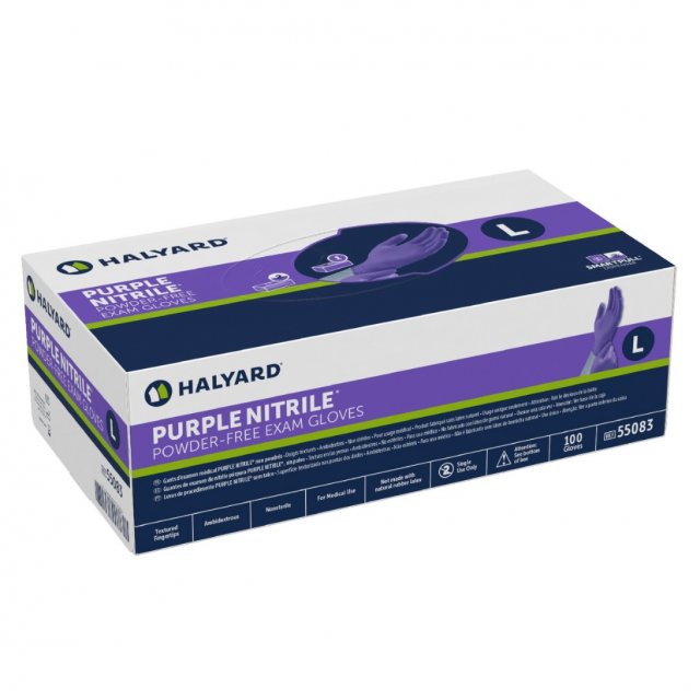 HALYARD PURPLE NITRILE powder-free exam gloves box, size L, REF 55083 (manufacturer image)